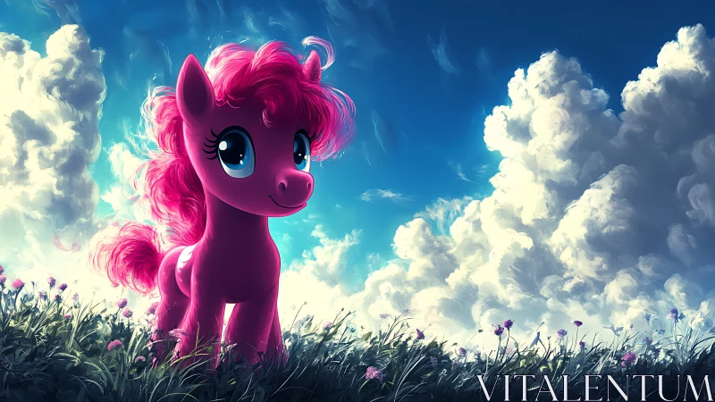 Bubblegum pony daydream under towering cotton clouds.