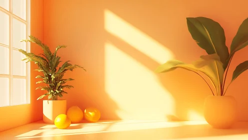 Sunlit houseplants create a warm, minimalist citrus oasis