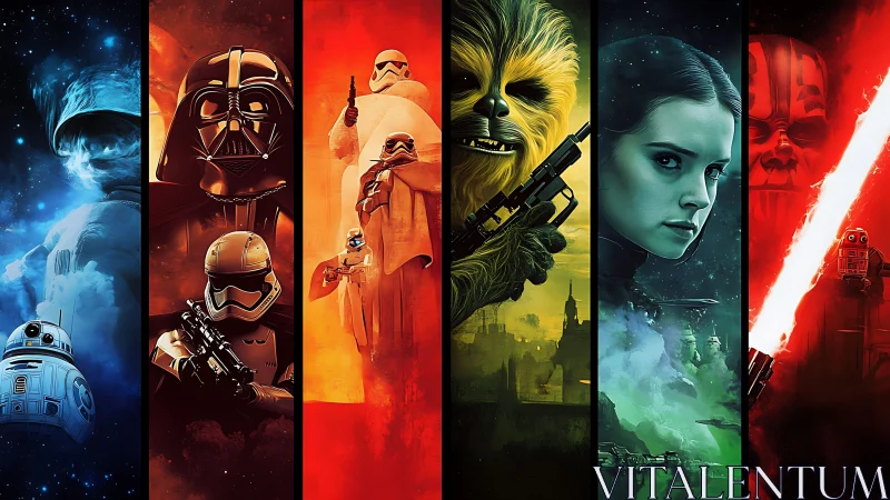 Colorful sci fi character collage in vertical panels.