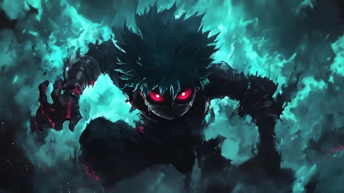 Intense anime hero emerging from teal storming energy.