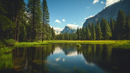 Sunlit forest lake cradled by distant granite peaks.