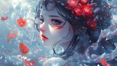 Ethereal water muse with crimson roses in drifting bloom.