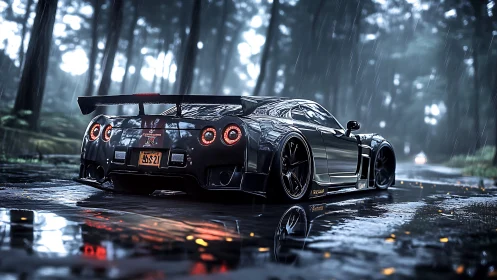 Modified sports coupe is parked on wet forest roadway