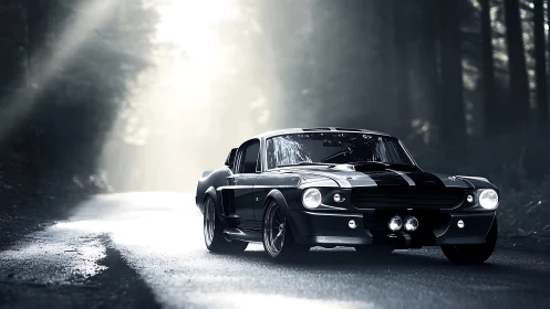 Retro fastback muscle car on misty forest road at dawn