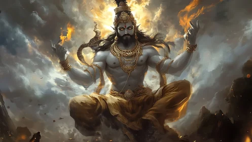 Mythic fire deity levitates amid storm clouds and embers.