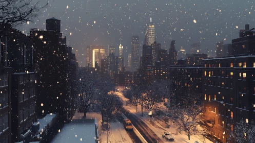 Nocturnal snowfield over midtown avenue light corridors.
