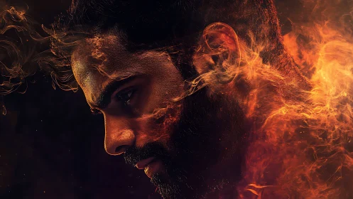 Profile of male head partially merged with swirling flames.