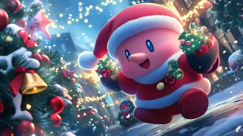 Festive pink character in Santa costume under bokeh holiday lighting
