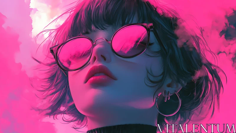 Neon pink portrait of woman in sunglasses against sky.
