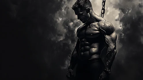 Digital painting of chained muscular male figure in chiaroscuro.