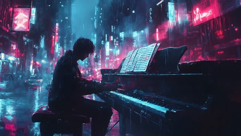 Silhouetted pianist at grand piano in rainy neon cityscape.