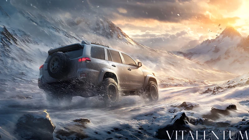 Off road SUV powers through stormy snowy mountain pass.