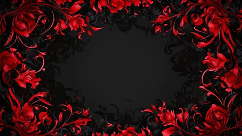 Crimson floral wreath framing deep black negative space.