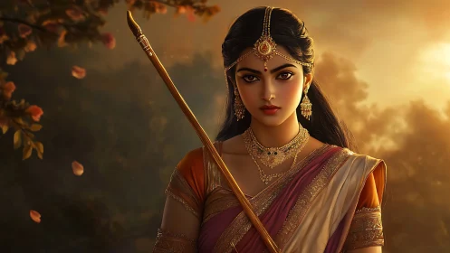 Regal Indian woman in traditional attire holding staff, digital art.