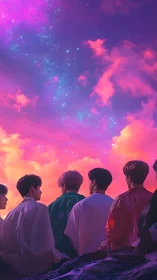 Digital painting of silhouetted group under neon celestial sky.