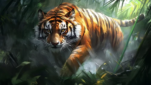 Confident jungle tiger stepping softly through misty light.