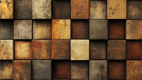 Grid of textured wooden cubes in muted earthy colors.