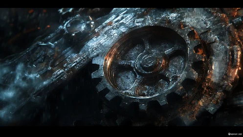 Rust kissed cogs grind through frost lit industrial twilight