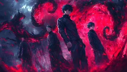 Dark clones command crimson void over storm cityscape.