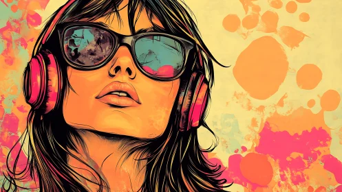 Neon daydream DJ girl with headphones in splashy sunset hues.