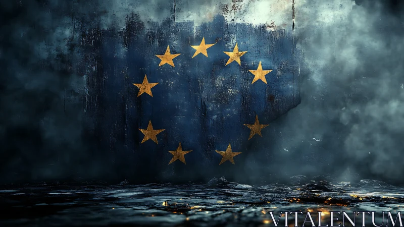 Distressed EU emblem on corroded wall in cinematic atmospheric fog.