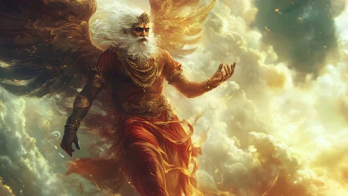 Winged celestial warrior in volumetric golden cloudscape ascends