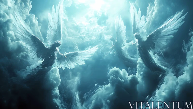 Heavenly angels rise through radiant clouds of ethereal light.