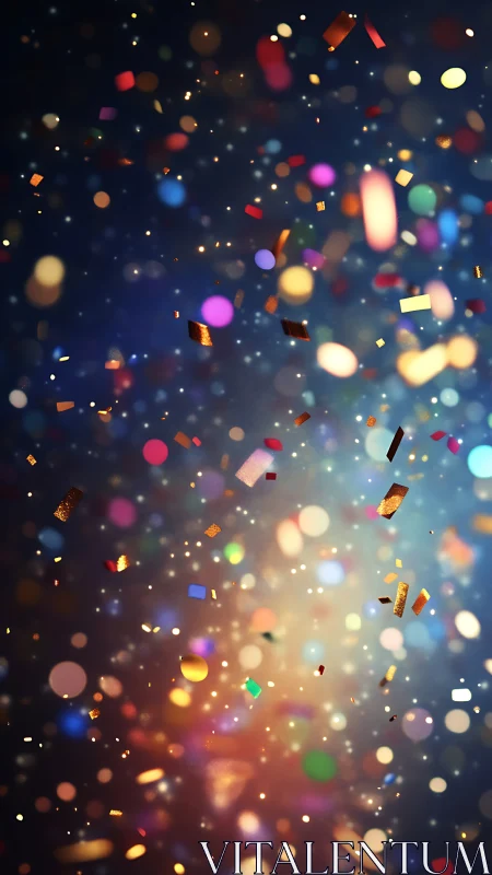 Radiant falling confetti particles create dynamic festive bokeh field