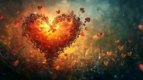 Luminous heart shaped from burning vines and floating heart particles