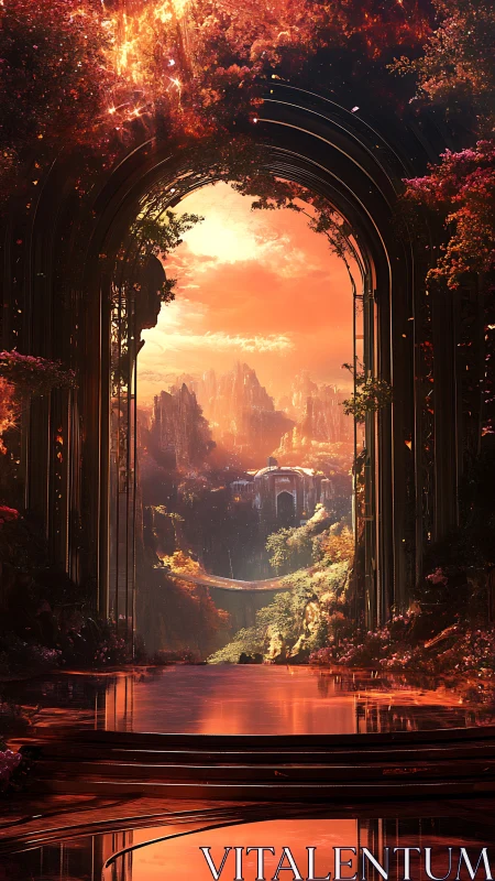 Fiery archway reveals a luminous fantasy valley beyond.