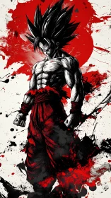 Battle-hardened warrior in red-black ink splatter artwork.