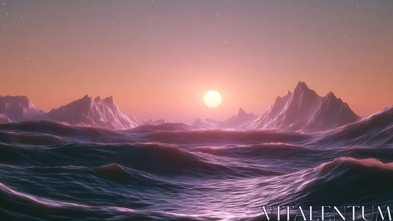 Digital seascape with stylized mountains under setting sun.