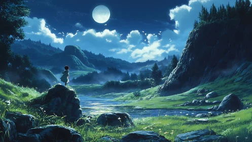 Nocturnal valley panorama with luminescent river reflections.