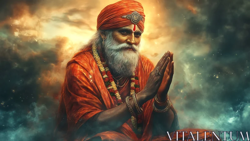 Digital portrait of Hindu sage in orange robes amid nebula glow