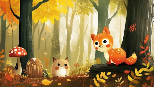 Playful fox and forest friend amid glowing autumn woods.