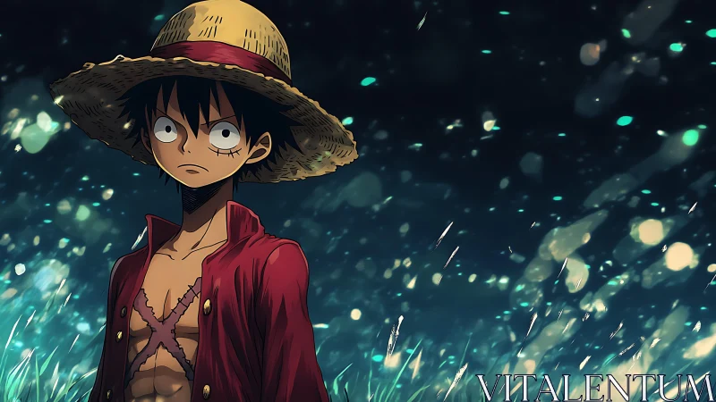 Straw-hatted anime wanderer in luminescent night field.