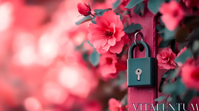 Padlock on Pink Fabric with Rose Blooms Background.
