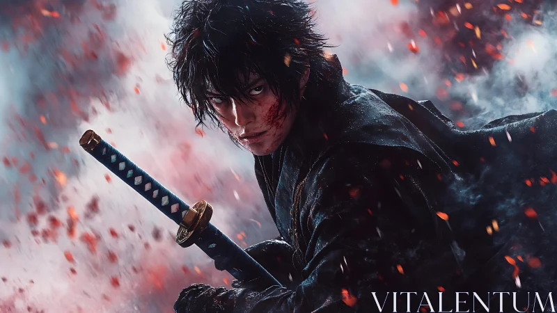 Battle-scarred swordsman in dynamic ember-filled portrait.