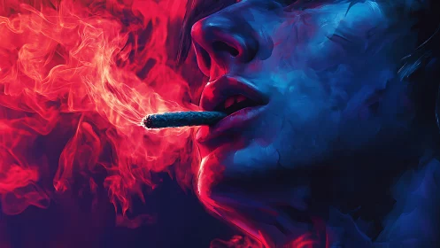Luminous smoke curls around a neon lit face in rich color