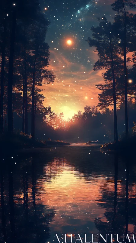 Celestial dusk over reflective forest river renders cosmic depth