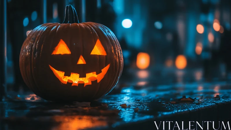 Glowing jack o lantern on wet street in moody blue night.