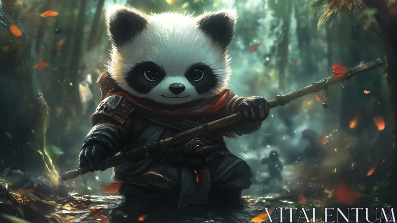 Panda warrior holding staff in misty autumn forest scene.