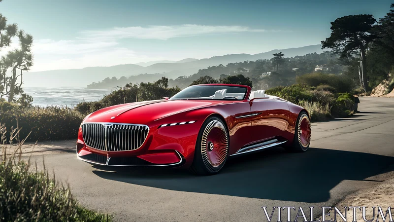 Red luxury concept roadster glides along a scenic coastal road.