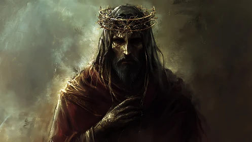 Crowned, shadowed monarch rendered in chiaroscuro digital pigment.