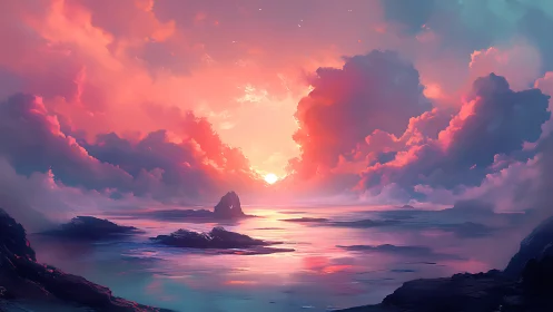 Sunset clouds ignite pastel seascape with glowing horizon.