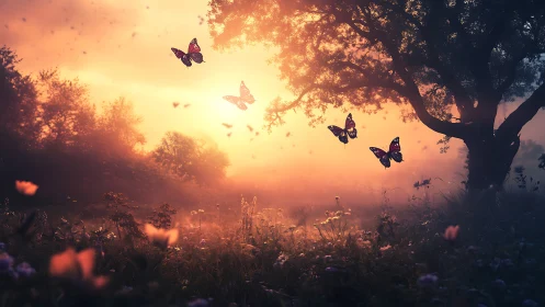 Butterflies crossing a misty meadow at glowing sunset.