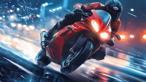 Red thunderbike slices through neon rain and midnight streets.