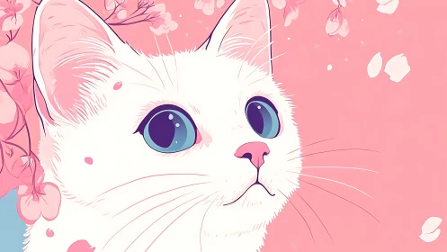 White Cat with Iridescent Blue Eyes in Pink Floral Environment