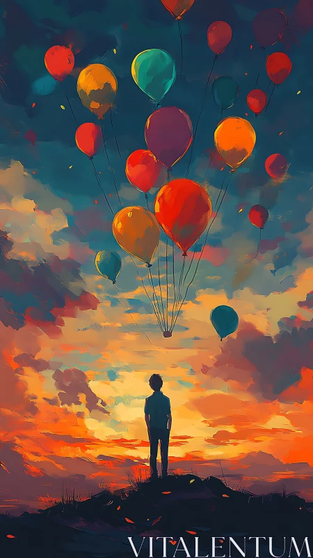 Silhouetted figure views clustered balloons against sunset sky