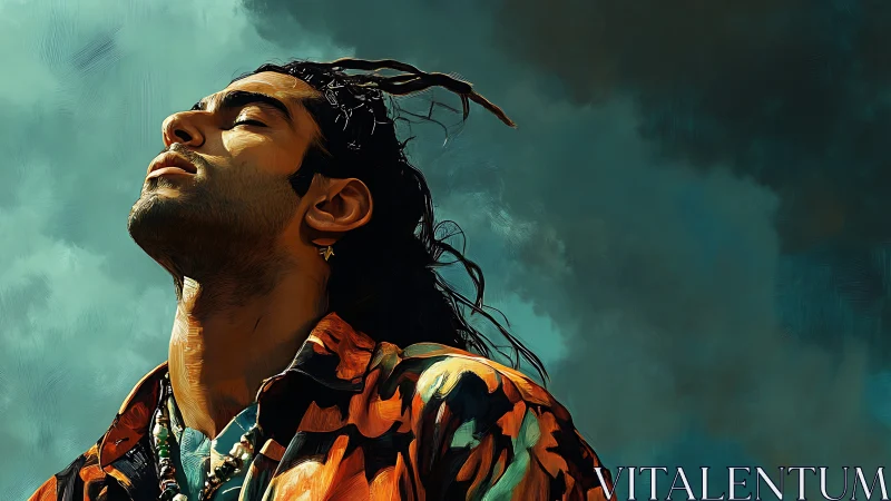 Male figure in colorful shirt against cloudy sky backdrop.